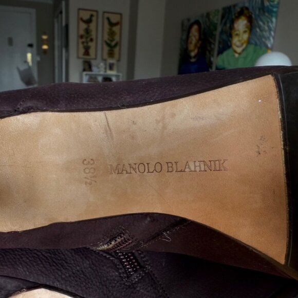 Manolo Blahnik Nenbiemi Brown Nubuck Leather Boots w/Silver Studs Size 38.5 US 8 - Picture 9 of 13